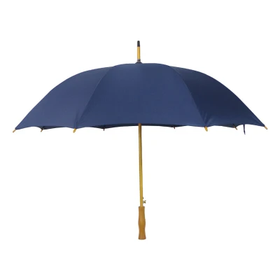 Wooden Curved Handle Blue Straight Umbrella